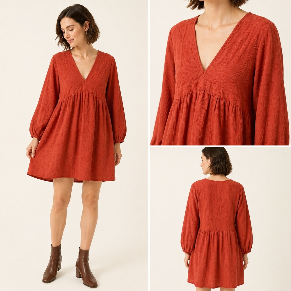 ROVE Alma Mini Dress Cotton M Rust Textured V-Neck Balloon Sleeve Babydoll